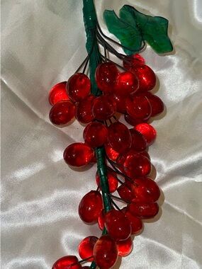 Vintage Red Cherry Glass Garland with Green Leaves